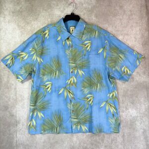 Jamaica Jaxx Shirt Mens XL Blue Palm Leaf 100% Silk Tropical Floral Button